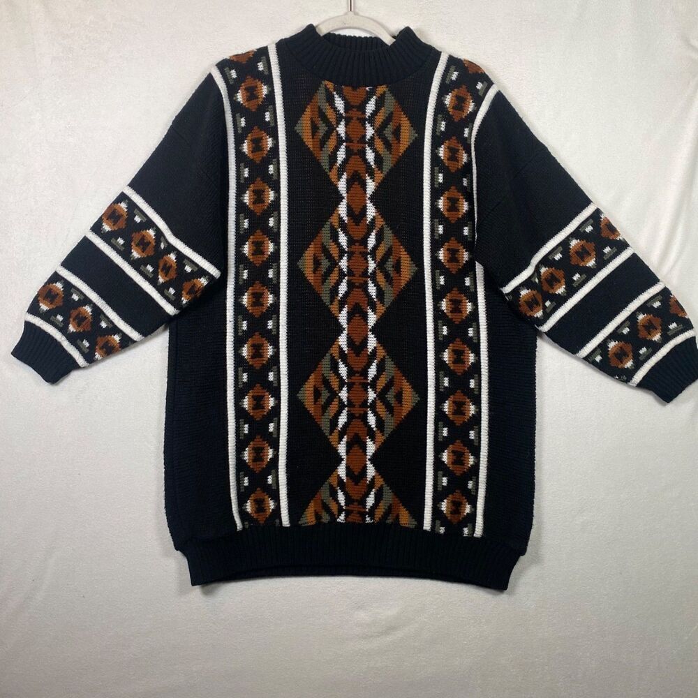 Vintage Cut 4 U by Adele Knit Southwest Aztec Pattern Sweater Black Brown White